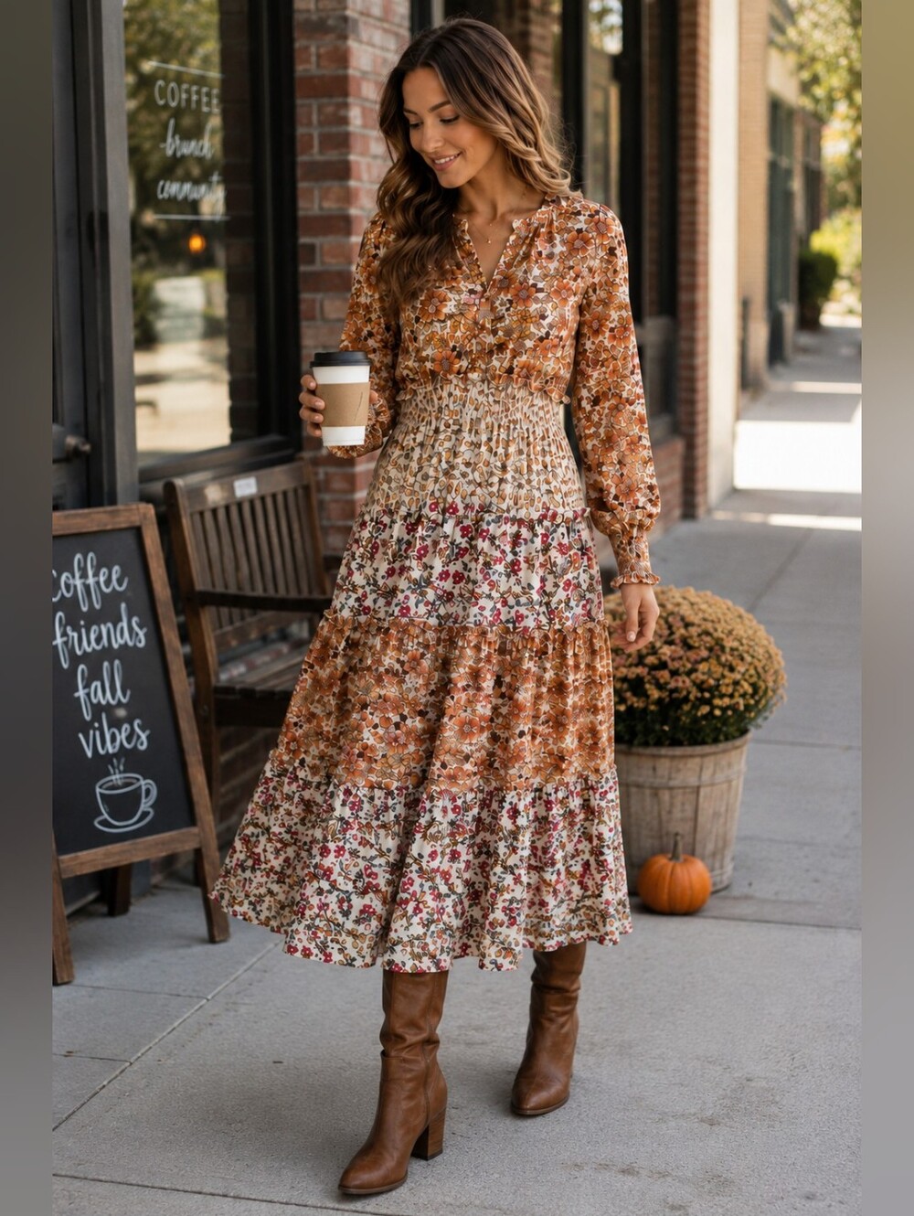 Umgee Floral Tiered Boho Midi Dress Long Sleeve Smocked Waist Size S